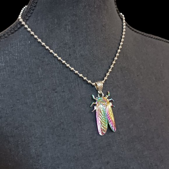 Handcrafted Rainbow Cicada Charm Necklace – Unisex 18" Ball Chain - Picture 1 of 10